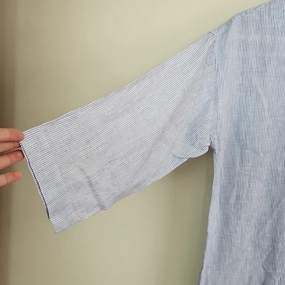 Soft Surroundings Linen Maxi Dress Blue White Striped Embroidered Side Slits S - Picture 5 of 11